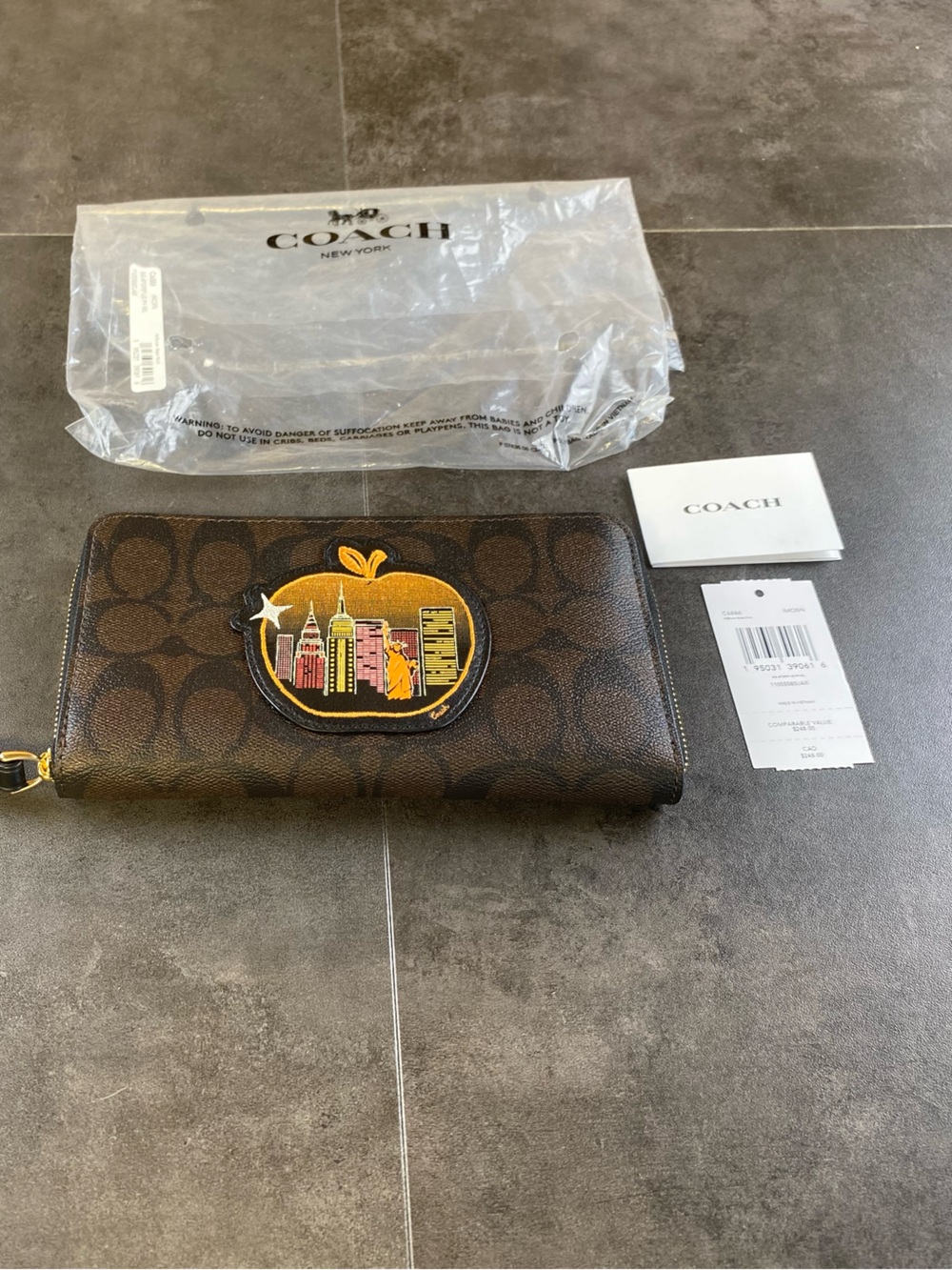 Coach Dempsey Brown/Black Monogram Zip Wristlet with Colorful NYC Patch-NWT